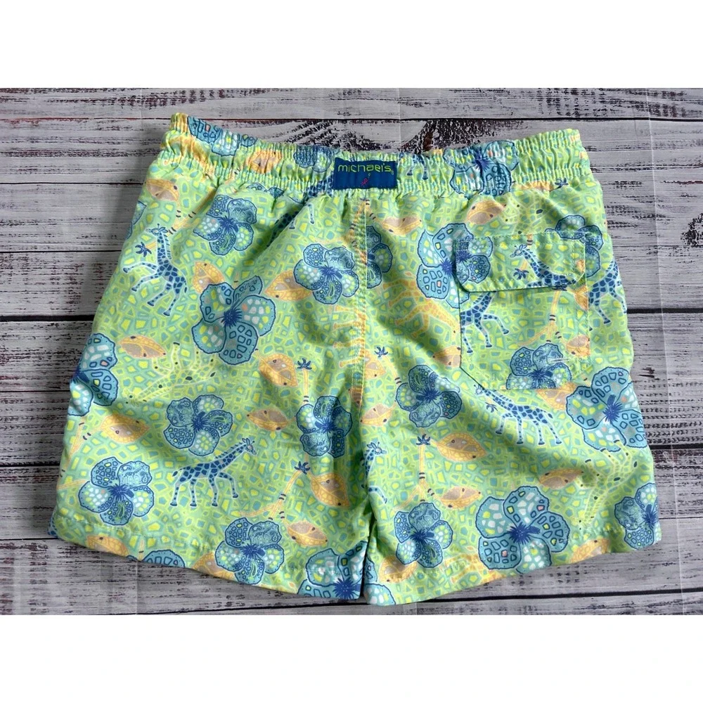 Michaels Swim Trunks Boys Size M Green Giraffe Hibiscus Floral Drawstring Shorts